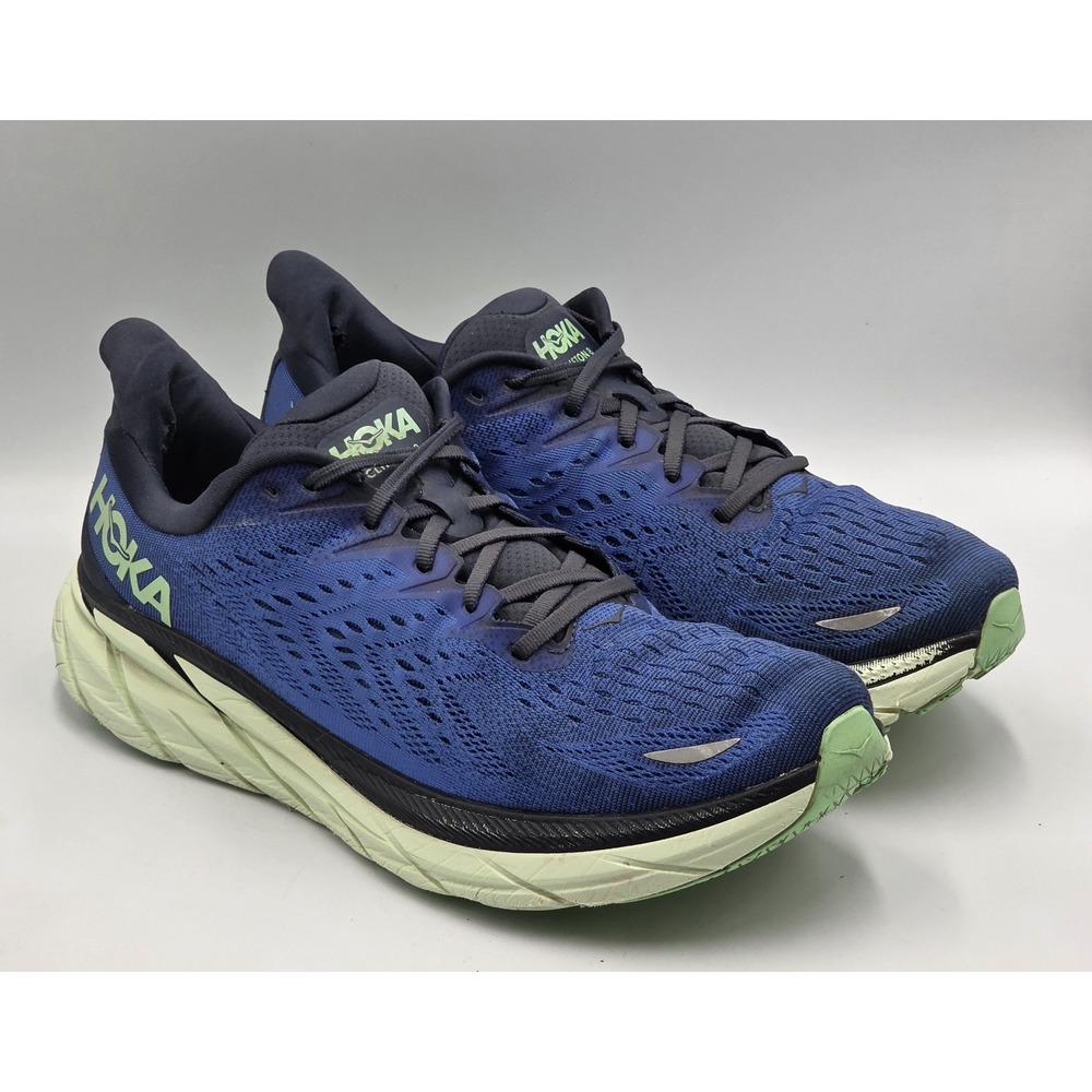 HOKA ONE ONE Clifton 8 Mens 12.5 Blue Running Shoes Heel Wear No Insoles